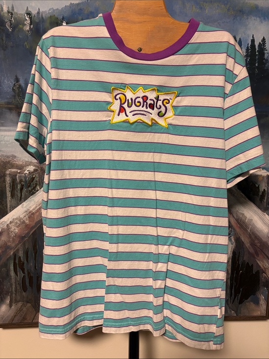 Nickelodeon Other - Nickelodeon Teal & White Striped Tee with Purple Neck